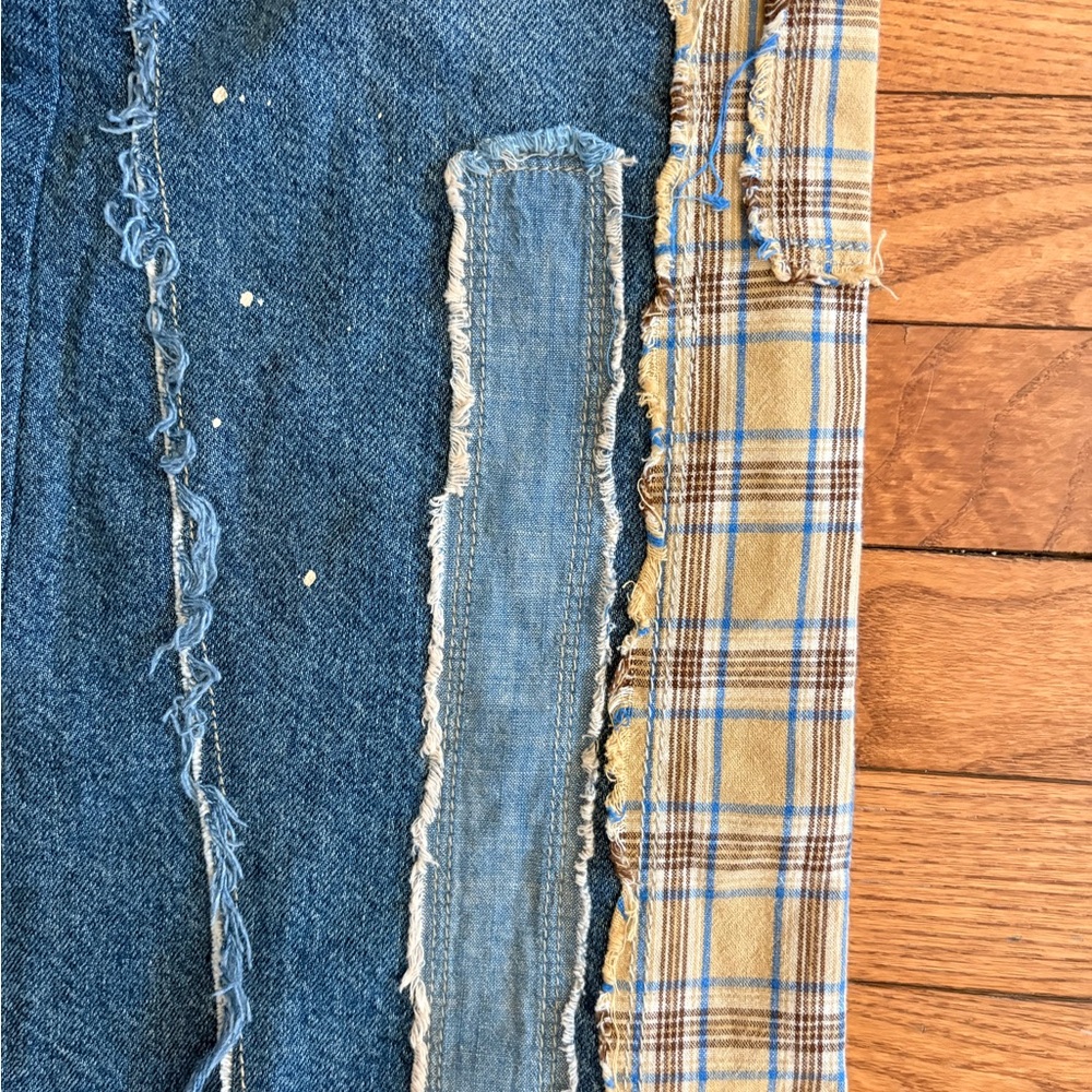Free People Blue Distressed Patchwork Jeans with Plaid Accents - Picture 6 of 9